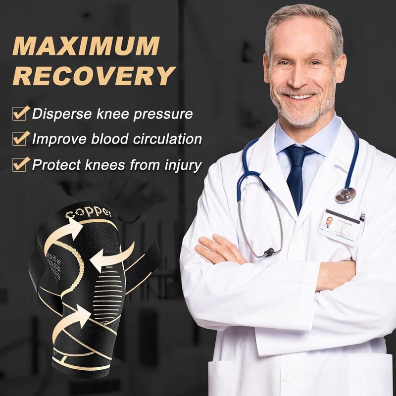 JHVW Copper Knee Brace for Women Men 2-Pack, Knee Compression Sleeve with Straps, Knee Braces for Knee Pain, Knee Support for Running Working - Image 5